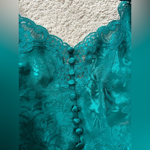 Vintage Victoria’s Secret Dark Green Satin Pattern Teddy Bow Straps Lace Zip m - Picture 5 of 6